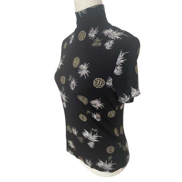 Frazier Lawrence Womens Slinky Asian Print Black Y2k Turtleneck Top Size Medium - Picture 3 of 9